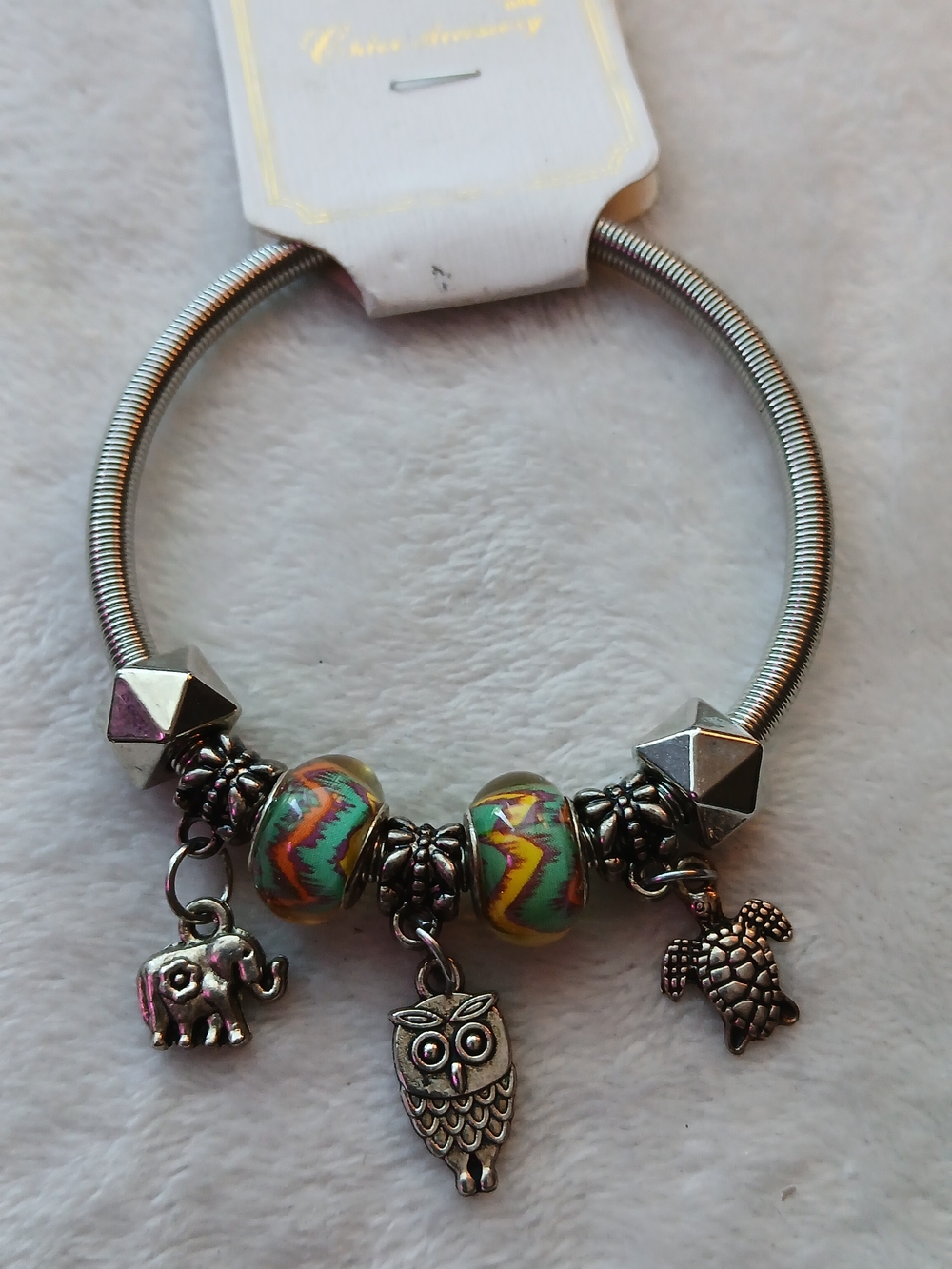 Chloe Silver-Tone Bracelet - Multicolor Beads, Elephant, Owl & Turtle Charms NWT